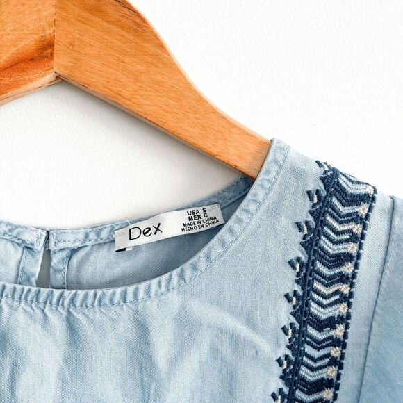 Dex Womens Blouse Denim Style Ruffled Short Sleeve Embroidered Design Blue Small - Picture 6 of 7